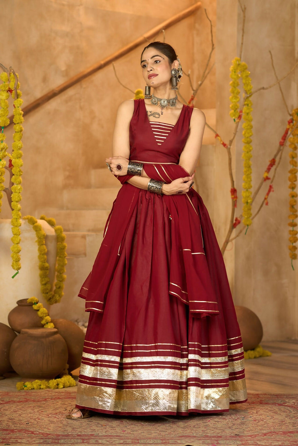 AI Fashion Maroon Silk Crepe Designer Navratri Wear Lehenga Choli Collection | Grocsy
