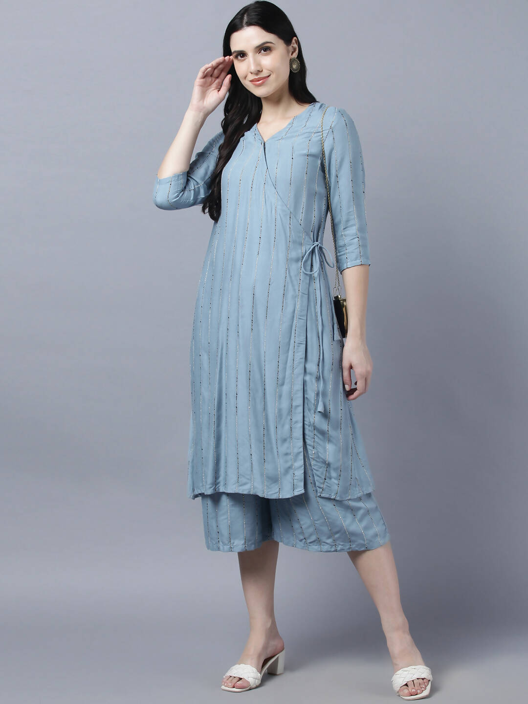 Myshka Stylish Grey Viscose 3/4 Sleeve Women's Kurta Palazzo Set | Grocsy