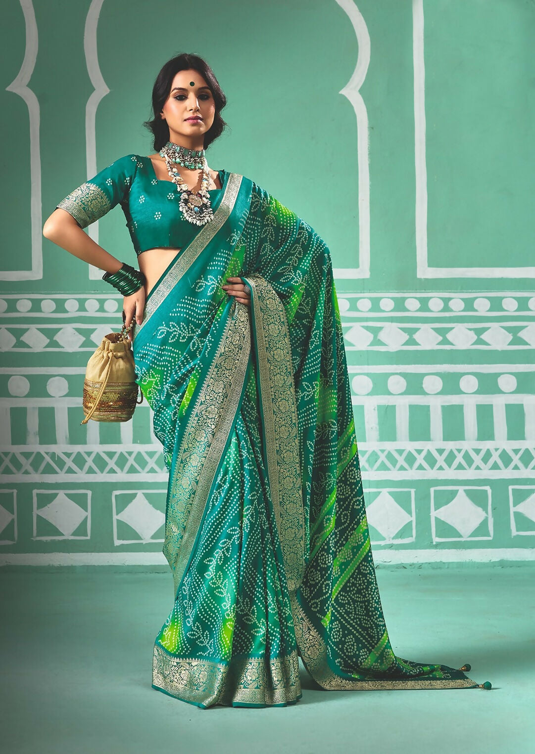 Joban Fashion Vicitra Silk Green Soft Fabric With Digital Print Saree | Grocsy