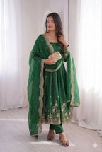 Teeya Creation Womens New Latest Trendy Elegant Green Embroidered Anarkali Suit Set with Scalloped Dupatta | Grocsy