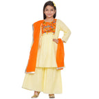 Little Bansi Girls Yellow & Orange Color Mirror work Kurta frock with Sharara & Dupatta | Grocsy