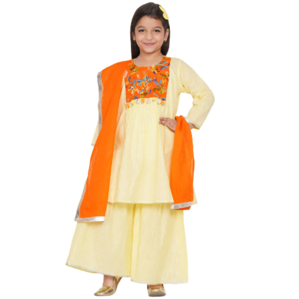 Little Bansi Girls Yellow & Orange Color Mirror work Kurta frock with Sharara & Dupatta | Grocsy
