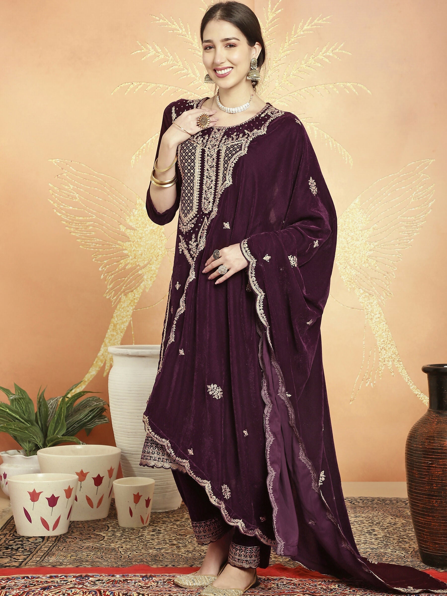 Jyoti Fashion Women's Wine Velvet Cording with Resham Thread & Sequin Kurta with Trouser & Dupatta | Grocsy