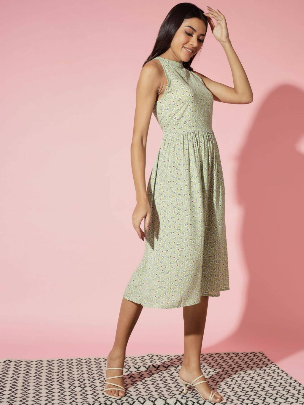 Myshka Women Ethnic Motifs Rayon A-Line Round Neck Green Dress | Grocsy
