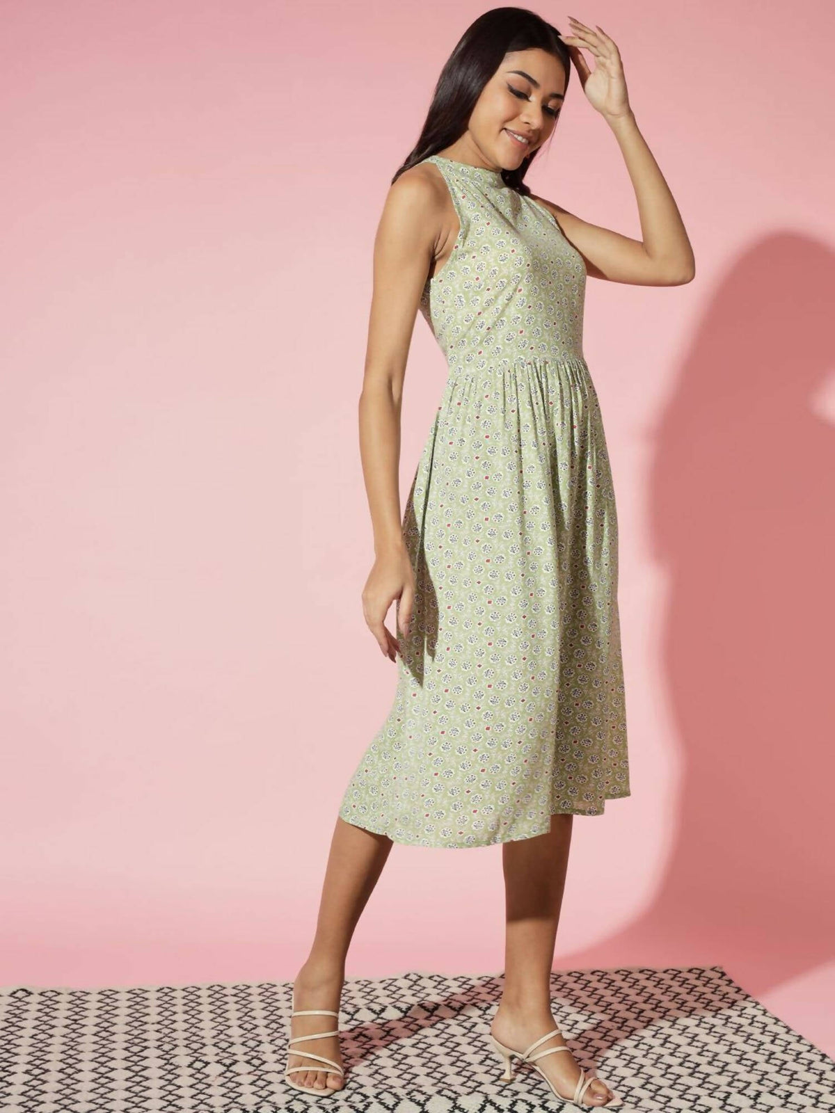 Myshka Women Ethnic Motifs Rayon A-Line Round Neck Green Dress | Grocsy