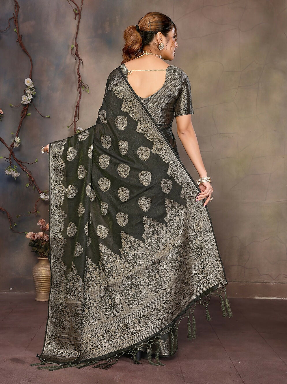 Joban Fashion Dark Green Woven Jacquard Banarasi Silk Sarees | Grocsy