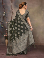 Joban Fashion Dark Green Woven Jacquard Banarasi Silk Sarees | Grocsy