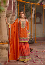 Anaita Orange Chinon Readymade Palazzo Suit with Codding Dori & Sequence Work | Grocsy