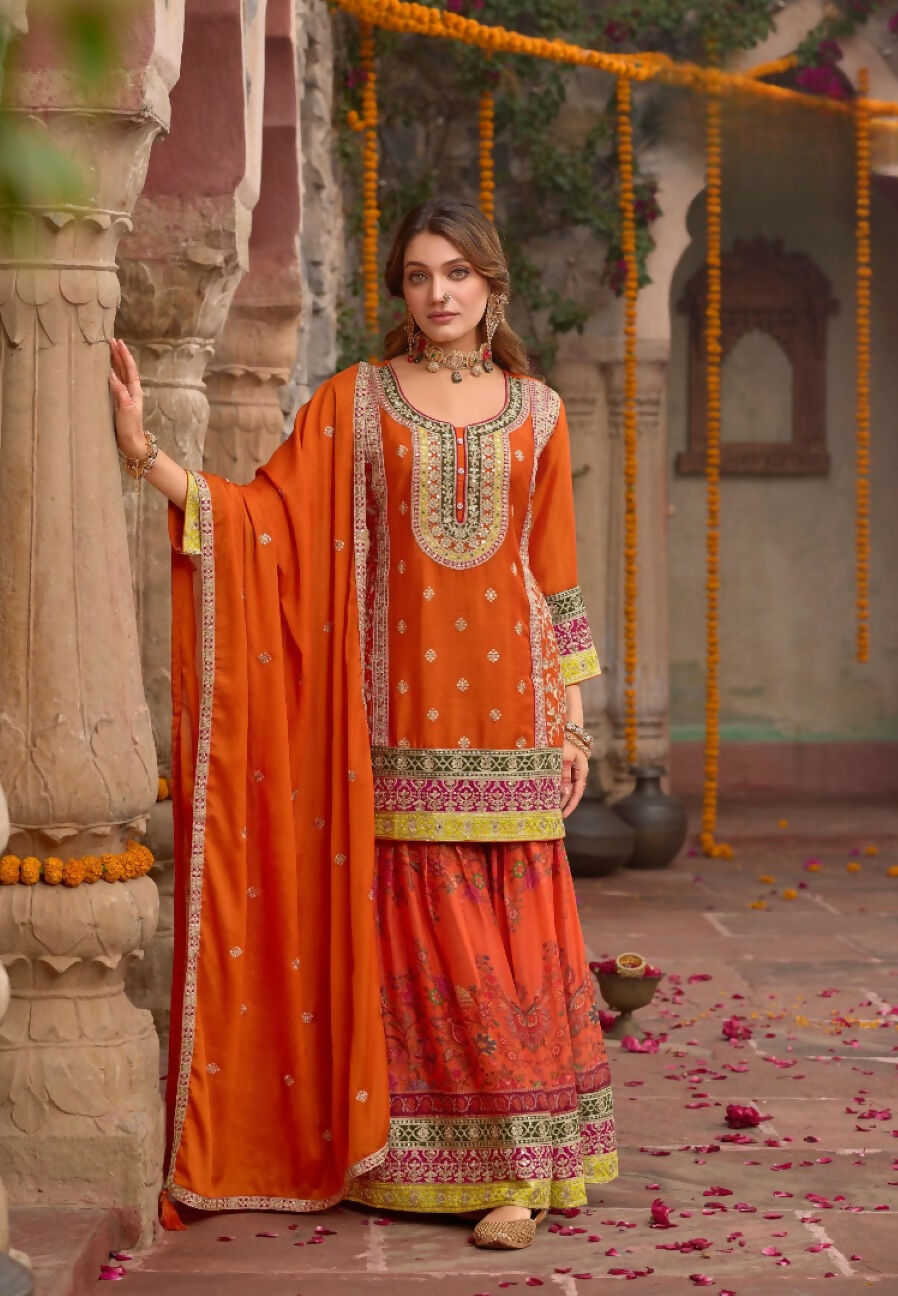 Anaita Orange Chinon Readymade Palazzo Suit with Codding Dori & Sequence Work | Grocsy