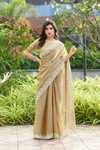 Vastranavya Beige Embroidery Work Shimmer Chiffon Saree with Unstitched Blouse | Grocsy