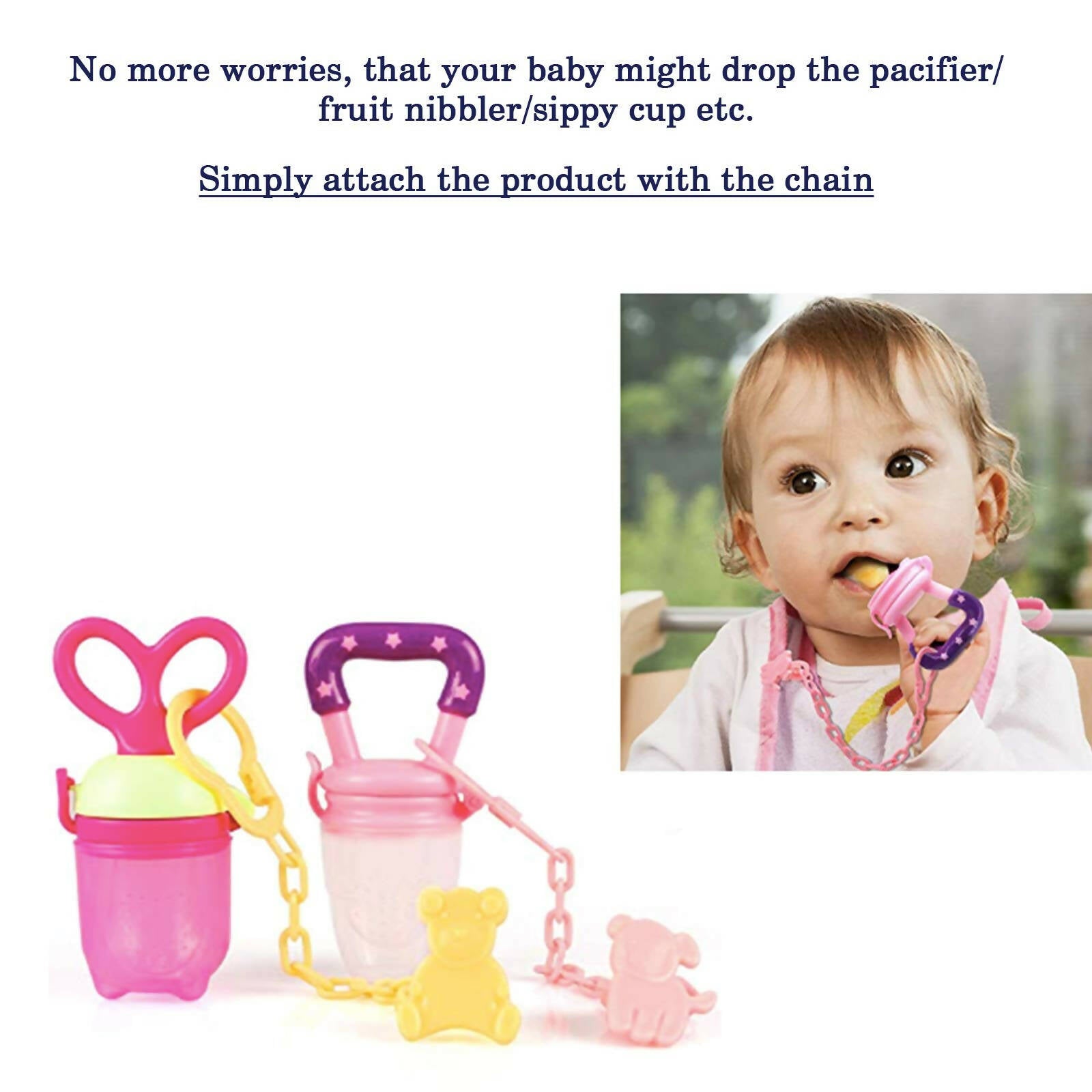 Safe-O-Kid Animal Design Silicone Pacifier/Soother With Holder Chain And Clip, Pink | Grocsy