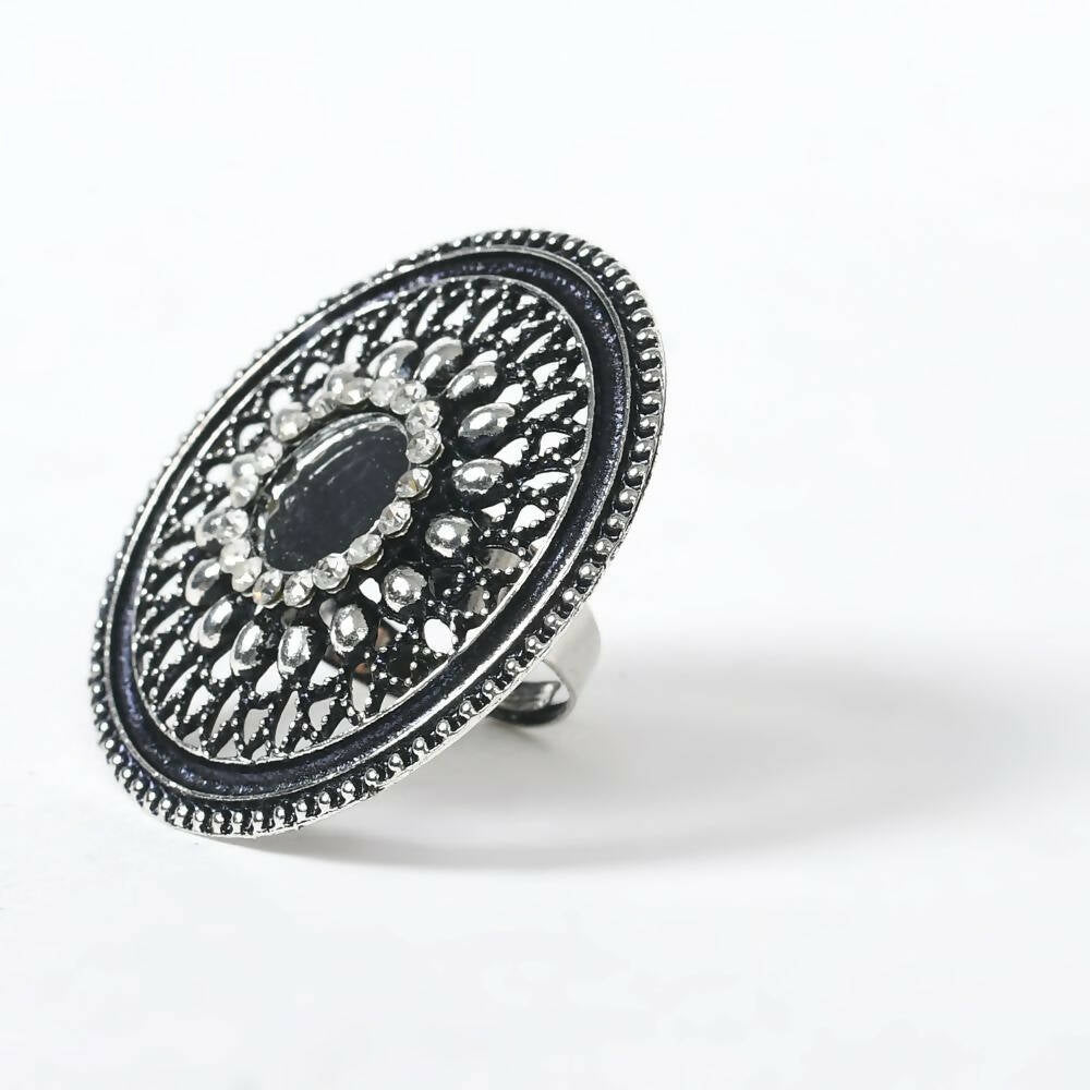 Mominos Fashion Joharkamal Oxidised Silver-Toned Adjustable Finger Ring | Grocsy