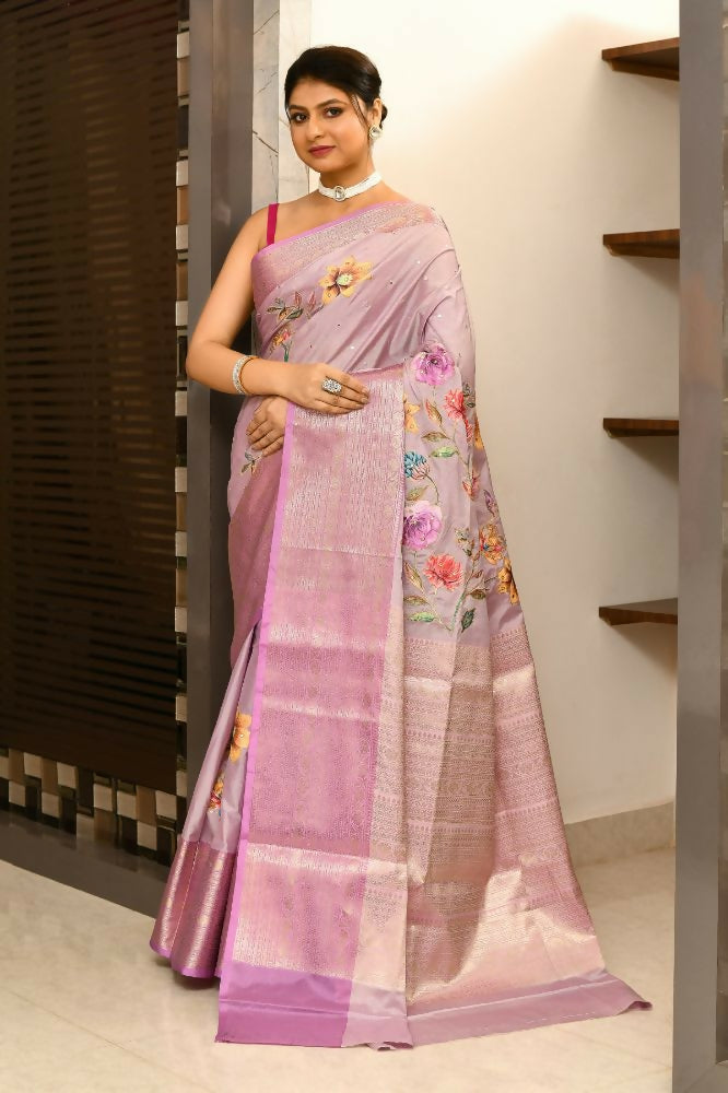 Joban Fashion Lavender Saree Kataan Applick Witch Mirror | Grocsy