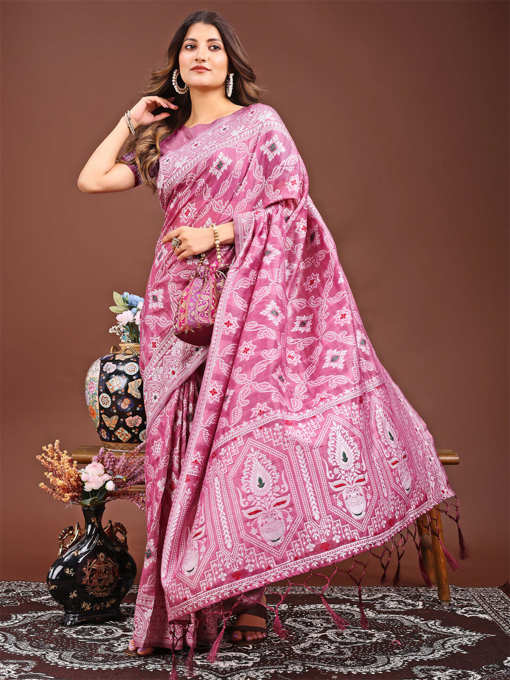 Shree Shyam Fashion Pankhuri Pink Linen Cotton Saree | Grocsy