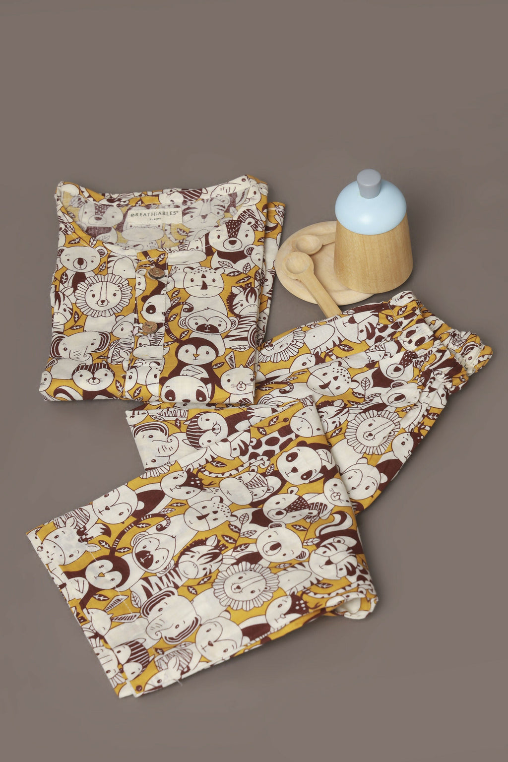 Breathables Sunny Yellow Animal Print Cotton Night Suit For Kids | Grocsy