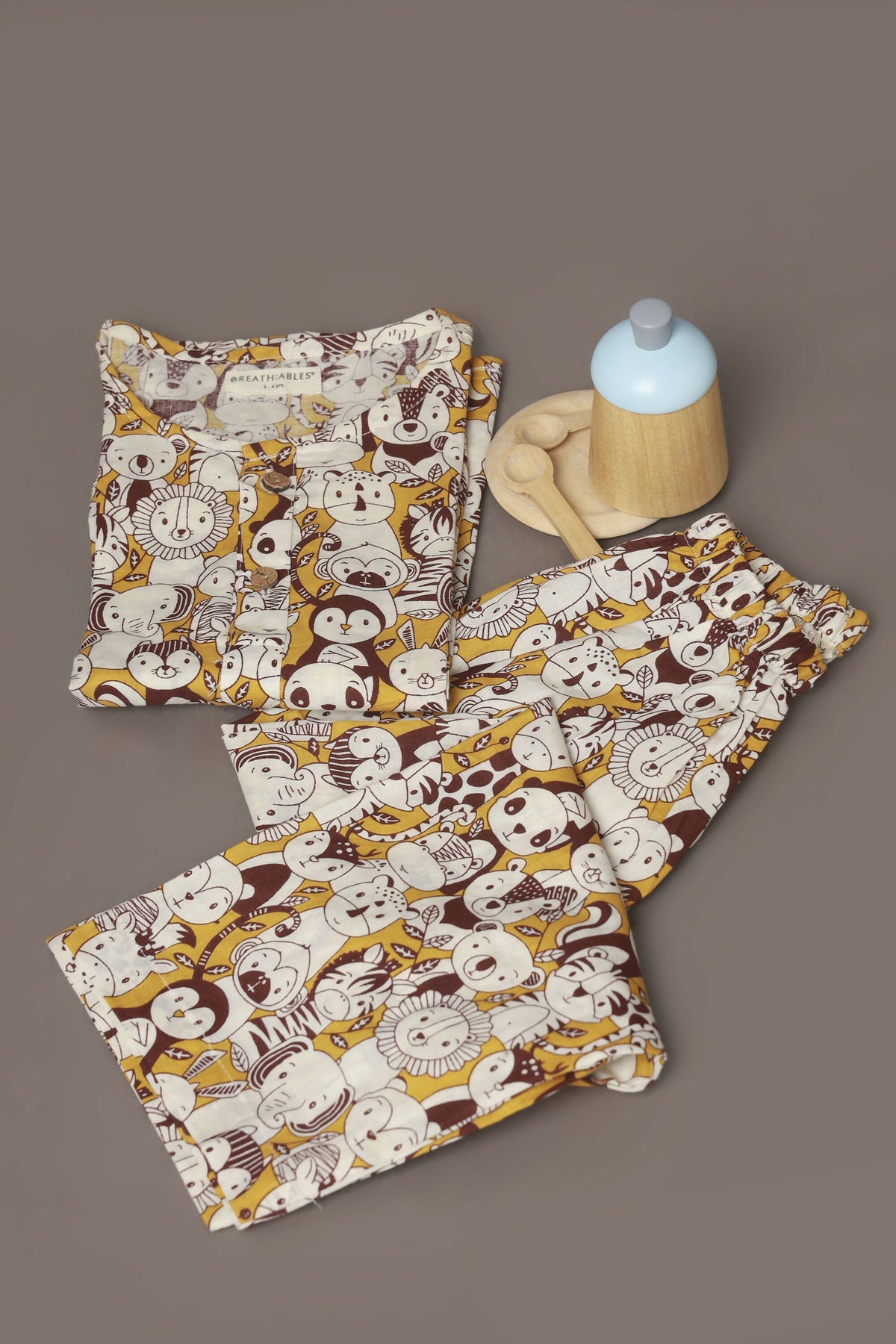 Breathables Sunny Yellow Animal Print Cotton Night Suit For Kids | Grocsy