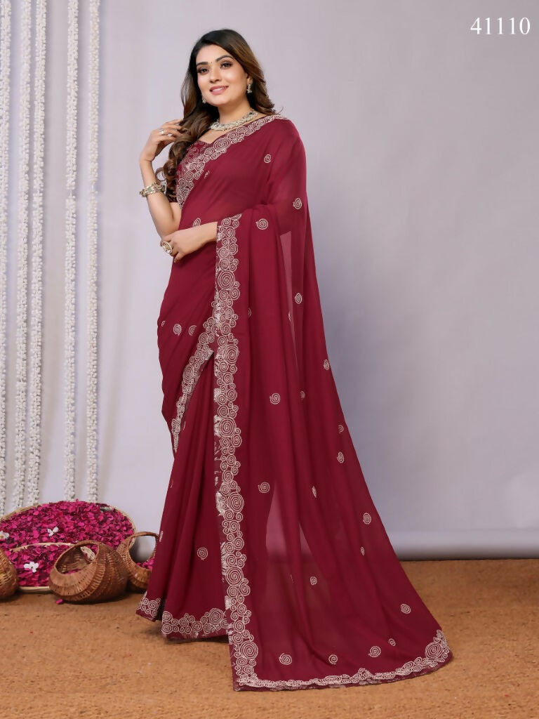 Maroon Silk Georgette Cord Embroidery Saree - Norita Saumya | Grocsy