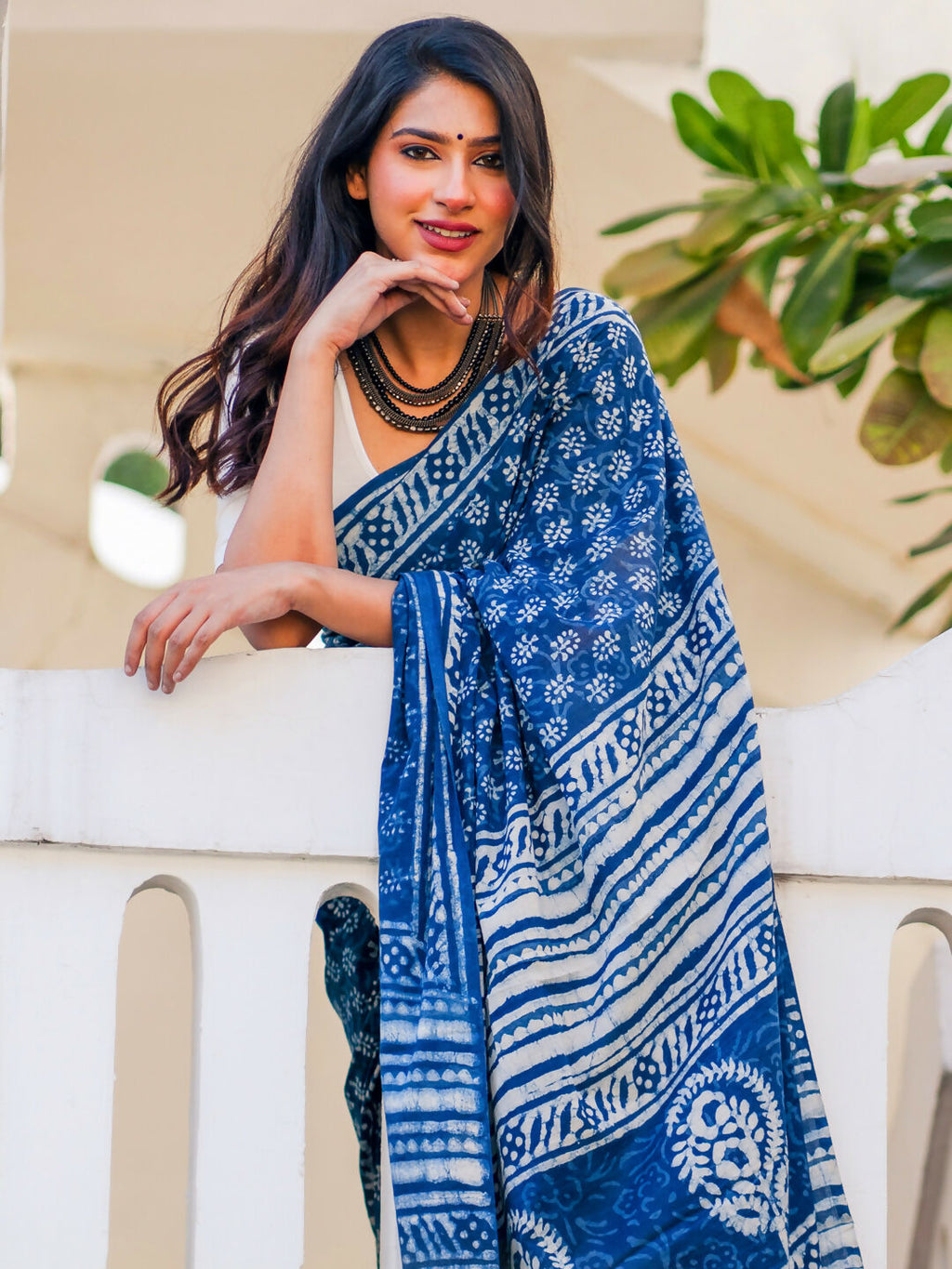Zibaa Hand-Blocked Pure Mul Cotton Indigo Saree | Grocsy