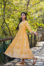 Juniper Yellow Floral Printed Georgette Maxi Dress With Beads Kantha Work & Sequins At Neckline | Grocsy