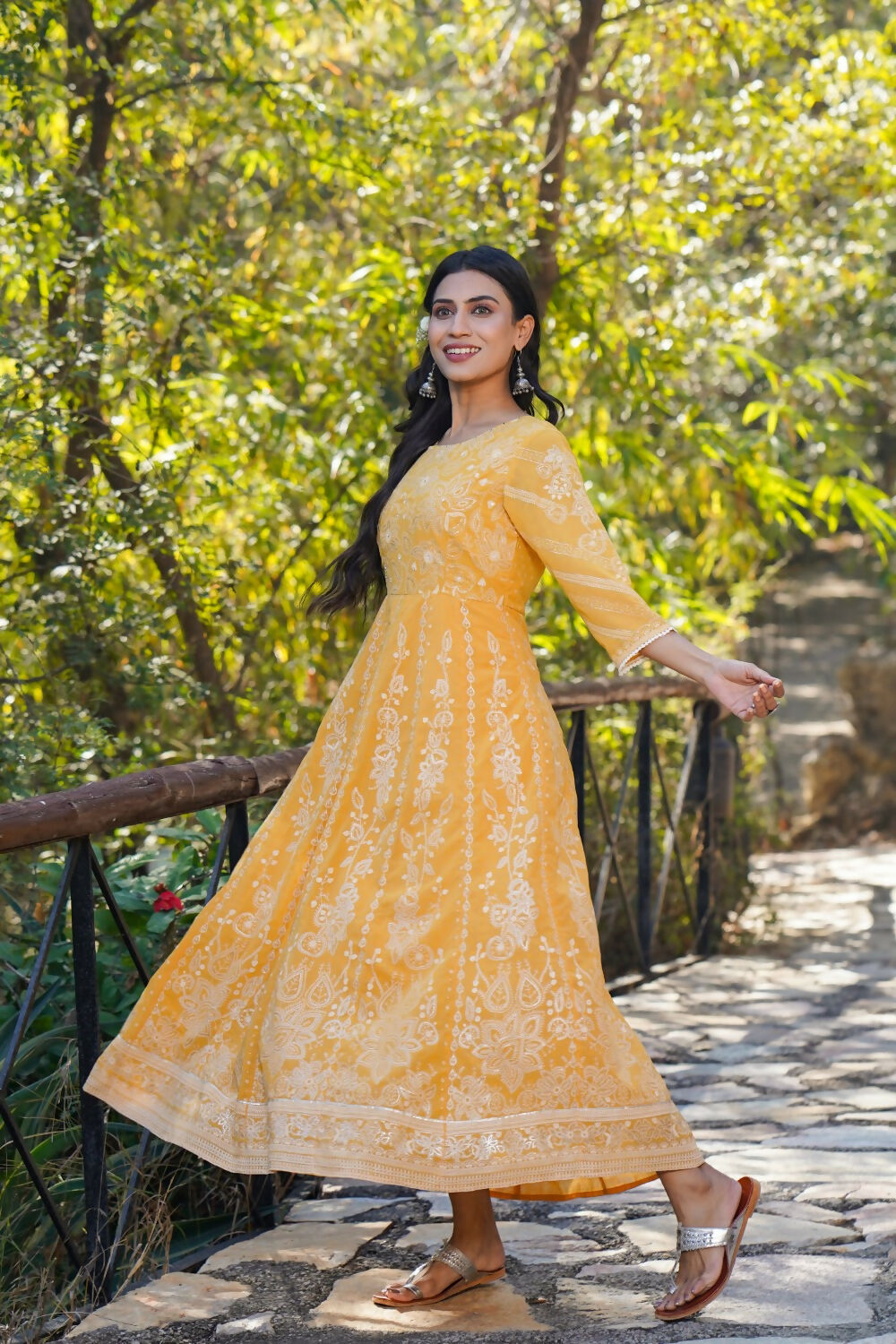 Juniper Yellow Floral Printed Georgette Maxi Dress With Beads Kantha Work & Sequins At Neckline | Grocsy