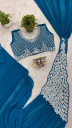 Teeya Creation Blue Color Faux Georgette Embroidery Work Party Wear Ready To Wear Saree | Grocsy