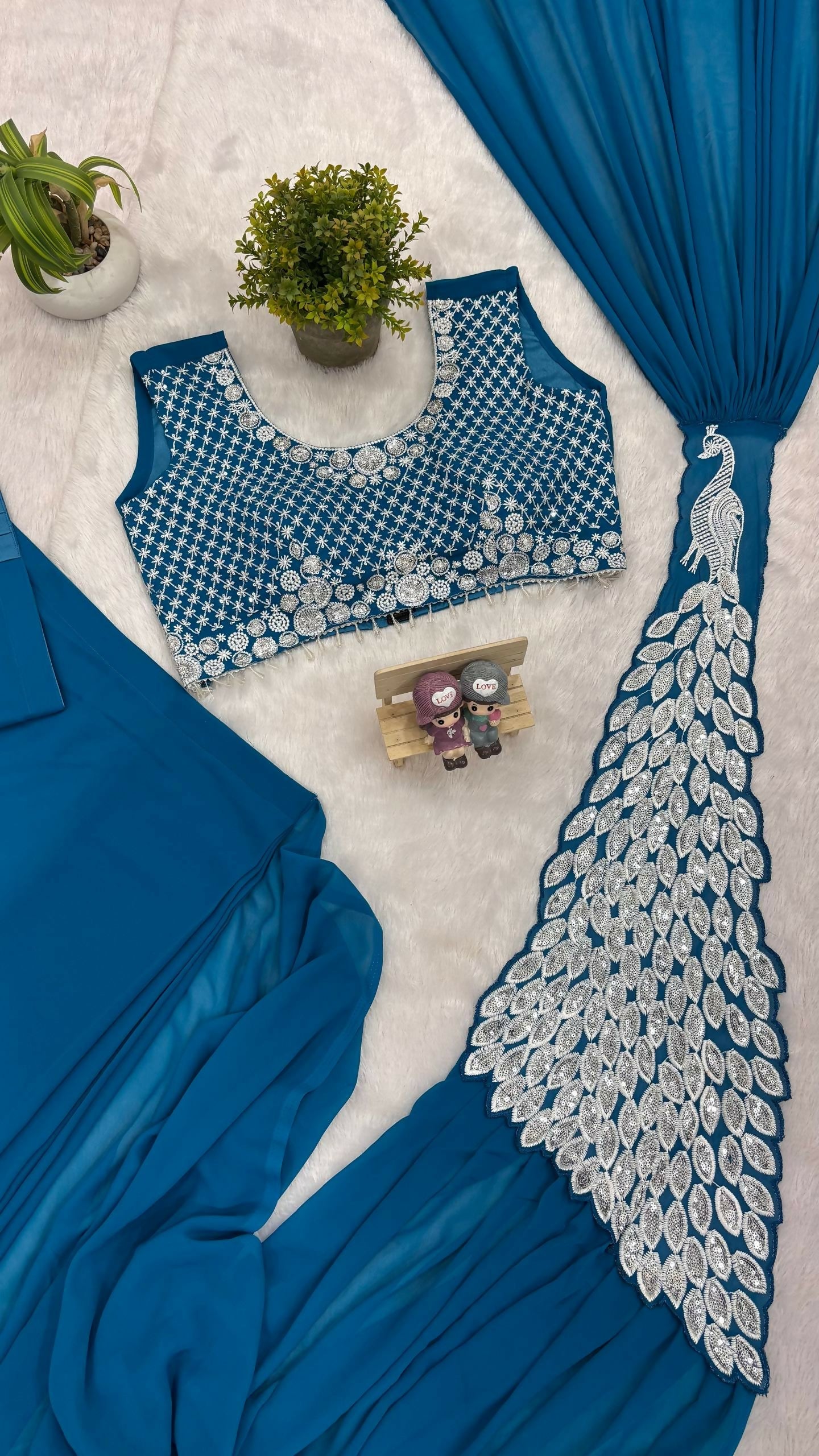 Teeya Creation Blue Color Faux Georgette Embroidery Work Party Wear Ready To Wear Saree | Grocsy