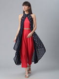 Ahalyaa Women Red Crepe Solid kurta Pant with Printed Jacket | Grocsy