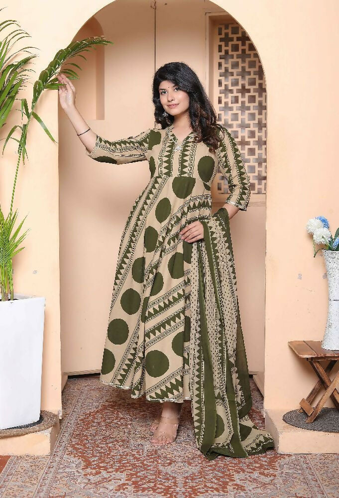 Miravan Women'S Polka Dot Printed Pure Cotton Anarkali Kurta With Dupatta | Grocsy