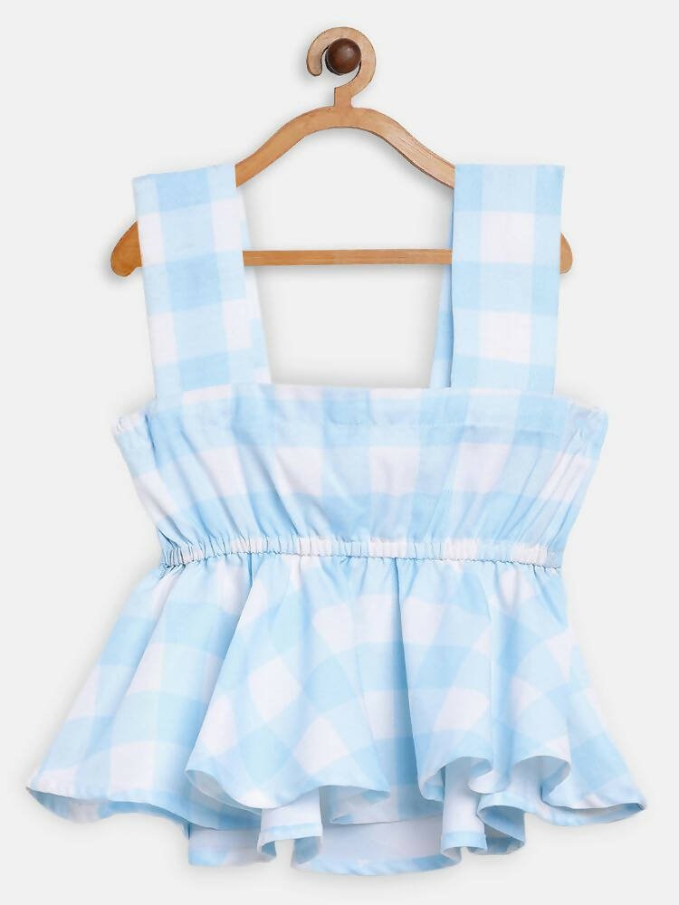 Ahalyaa Sky Blue Rayon Checked Kids Top With Skirts For Girls | Grocsy