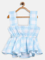 Ahalyaa Sky Blue Rayon Checked Kids Top With Skirts For Girls | Grocsy