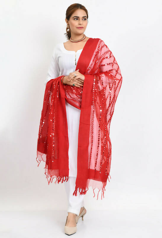 Mominos Fashion Moeza Women's Orgenza Mirror Stripe Thread Work Red Dupatta | Grocsy