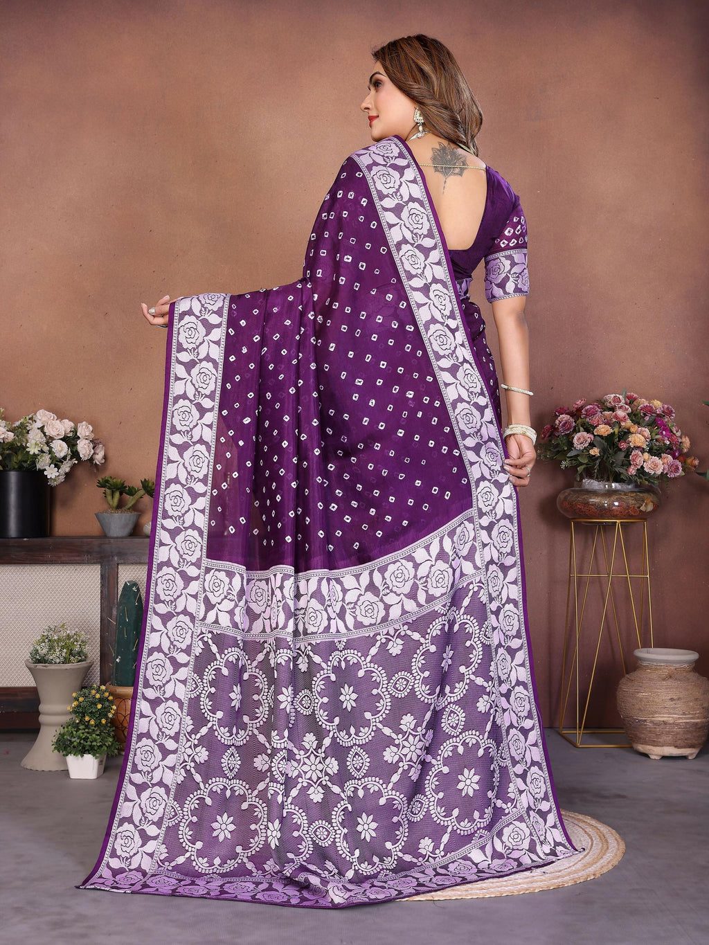 Aastha Fashion Purple Viscose Silk Handmade Original Bandhej Saree | Grocsy