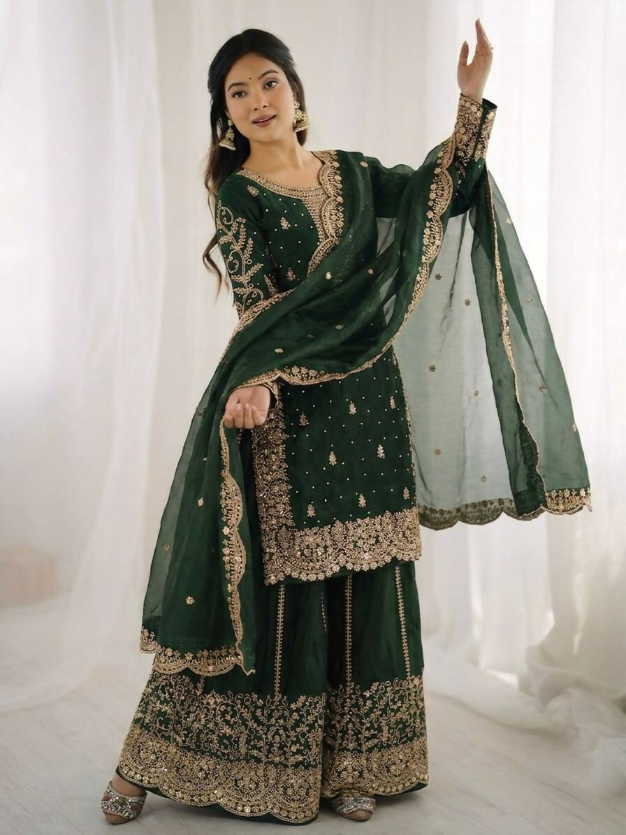 Teeya Creation Womens New Trendy Embroidery Coding And Sequence Work Green Kurta Set | Grocsy
