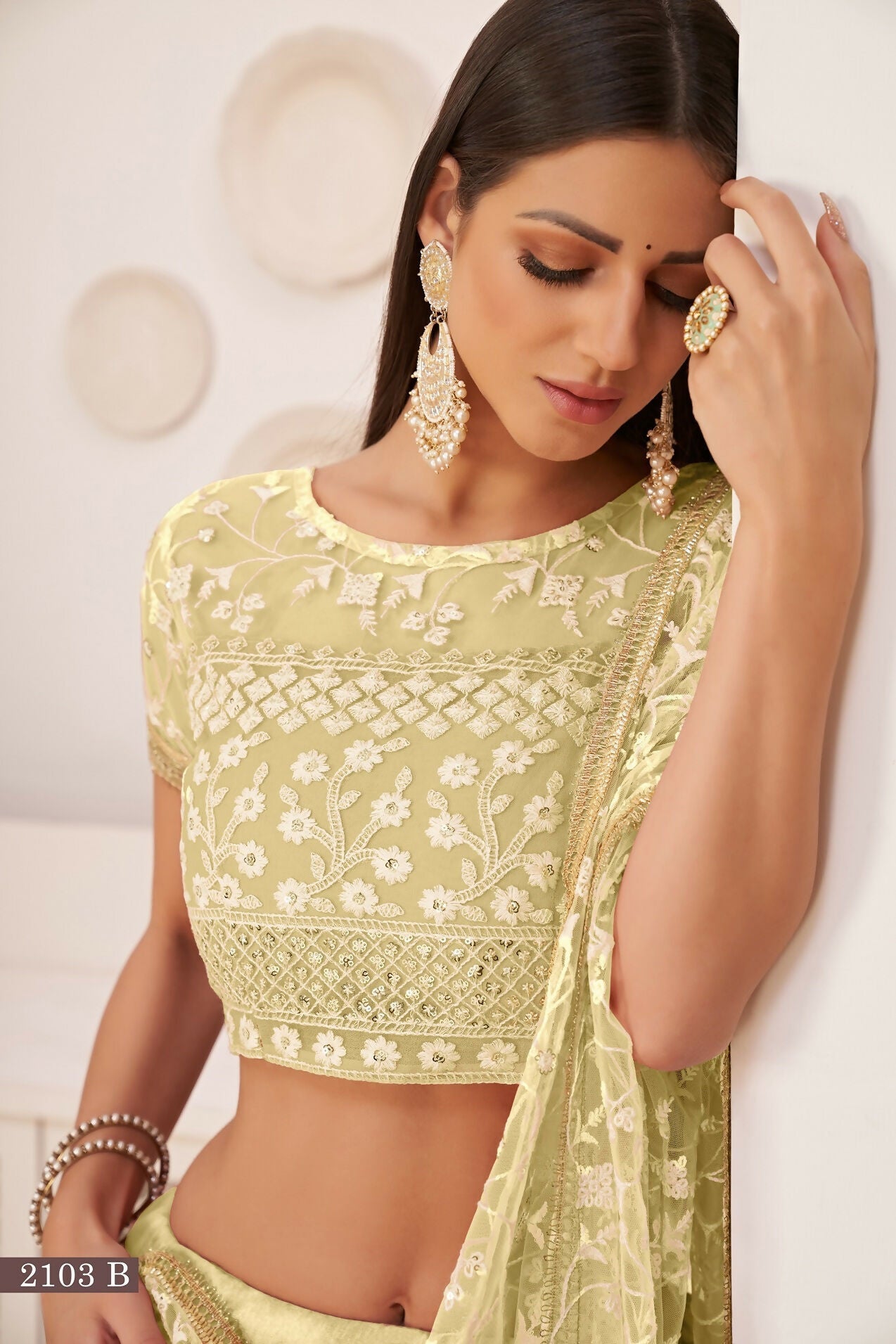 Eilara Lemon Green Net Floral Embroidered Lehenga Choli Set | Grocsy