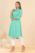 Juniper Womens Blush Turquoise Cotton Slub Solid Mid Length Shirt Dress With Lace Detailing | Grocsy