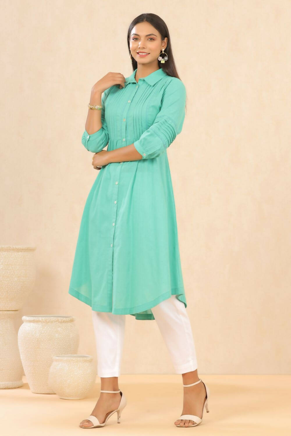 Juniper Womens Blush Turquoise Cotton Slub Solid Mid Length Shirt Dress With Lace Detailing | Grocsy