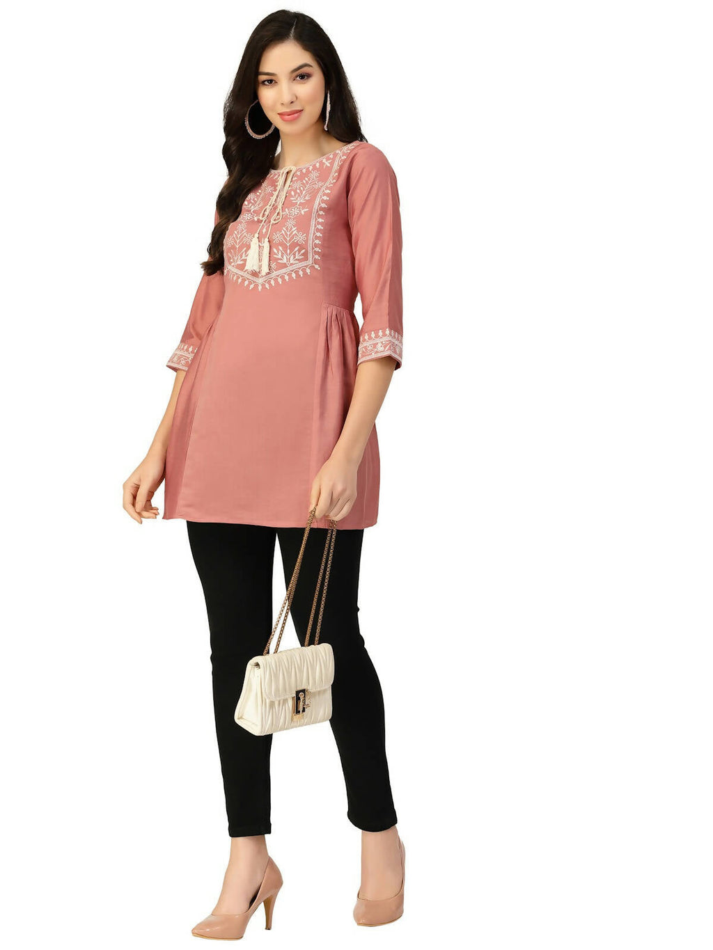 Peach Chinon Slub Floral Embroidered Top - Zeny | Grocsy