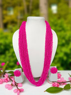 Inhanns Rangsaaz 20-Layer Luxe Long Beaded Necklace (With Optional Statement Earrings) - Pink With Earring | Grocsy