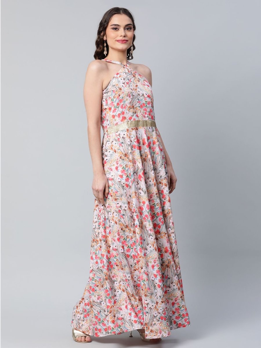 Ahalyaa Women Crepe Printed Classic White Romantic Florals Dress | Grocsy