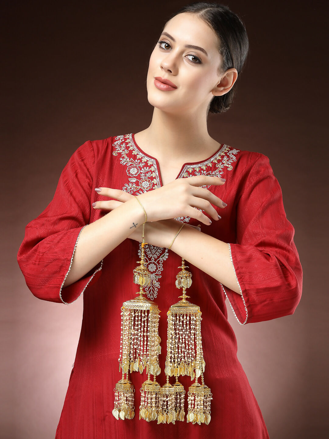 NVR Women's Pack Of 2 Gold-Polished & White Pearl Beaded Bridal Heavy Kaleera Sets | Grocsy