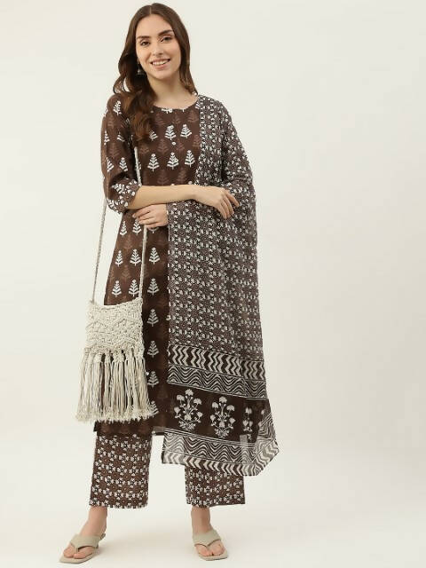 FIORRA Women's Brown Cotton Straight Kurta Pant With Dupatta | Grocsy