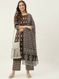 FIORRA Women's Brown Cotton Straight Kurta Pant With Dupatta | Grocsy