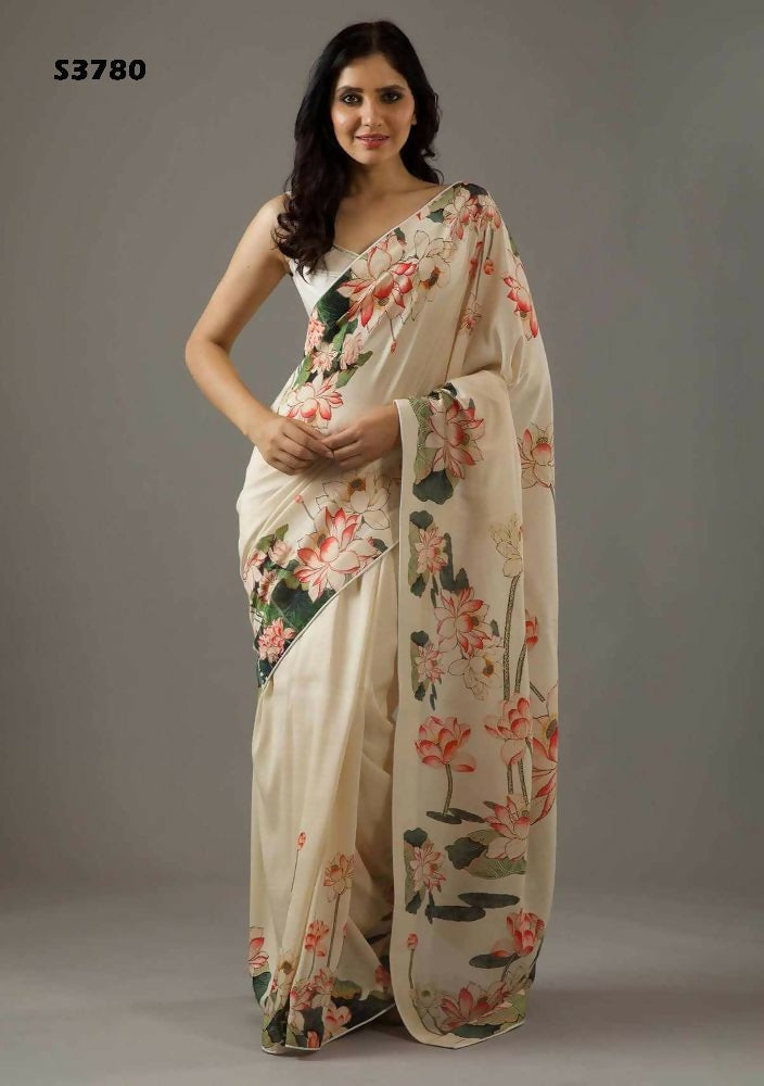 Cream Bright Moss Designer Digital Printed Party Wear Saree - Be Verly | Grocsy