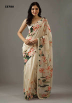 Cream Bright Moss Designer Digital Printed Party Wear Saree - Be Verly | Grocsy