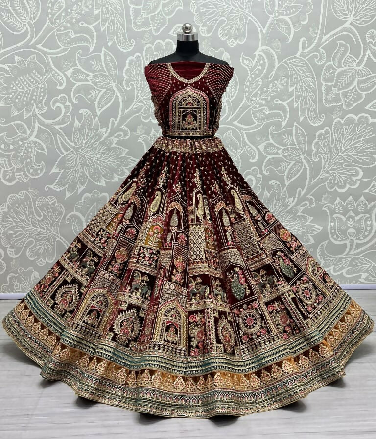 Jyoti Fashion Women's Maroon Velvet Fancy Dori & Sequins with Multi Thread Embroidered with Diamond Work Wedding Lehenga Choli | Grocsy