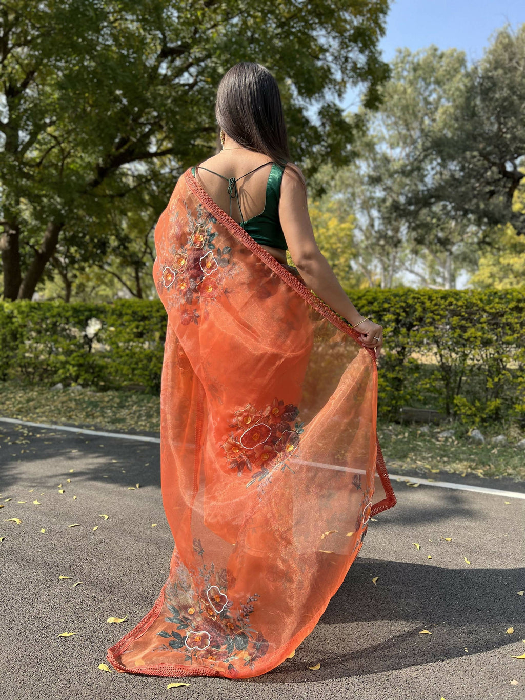 Vamsee Firozi Orange Organza Saree | Grocsy