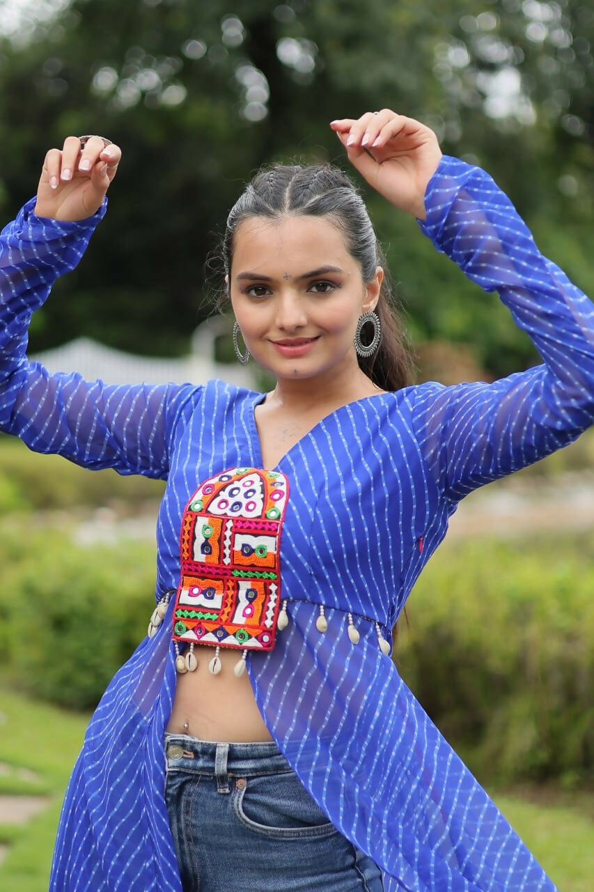 Vastranavya Blue Navratri Special Kutchi Patch Work with Leheriya Printed Kurti | Grocsy