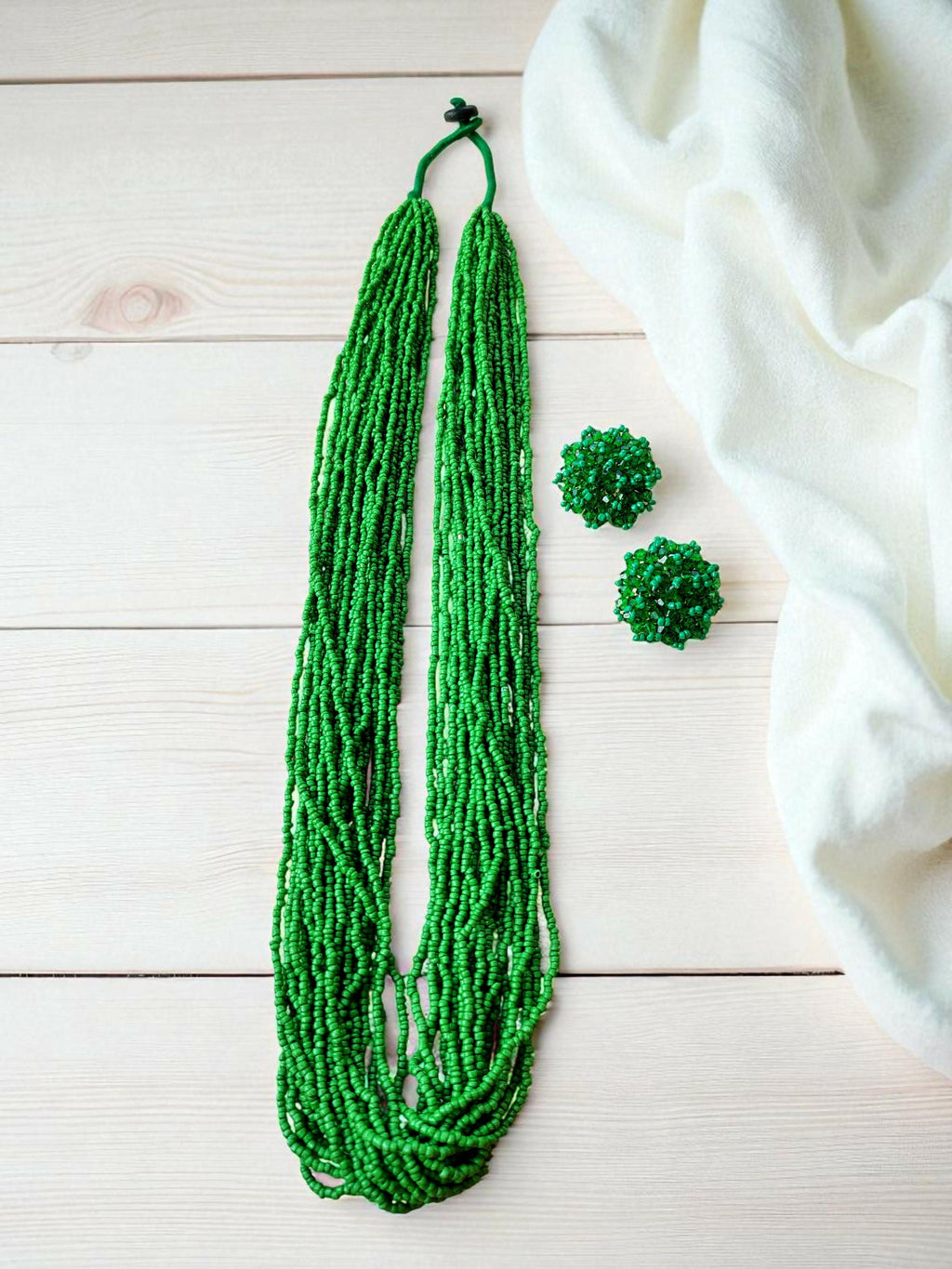 Inhanns Rangsaaz 20-Layer Luxe Long Beaded Necklace (With Optional Statement Earrings) - Green With Earring | Grocsy