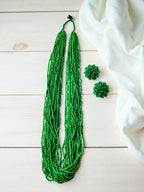 Inhanns Rangsaaz 20-Layer Luxe Long Beaded Necklace (With Optional Statement Earrings) - Green With Earring | Grocsy