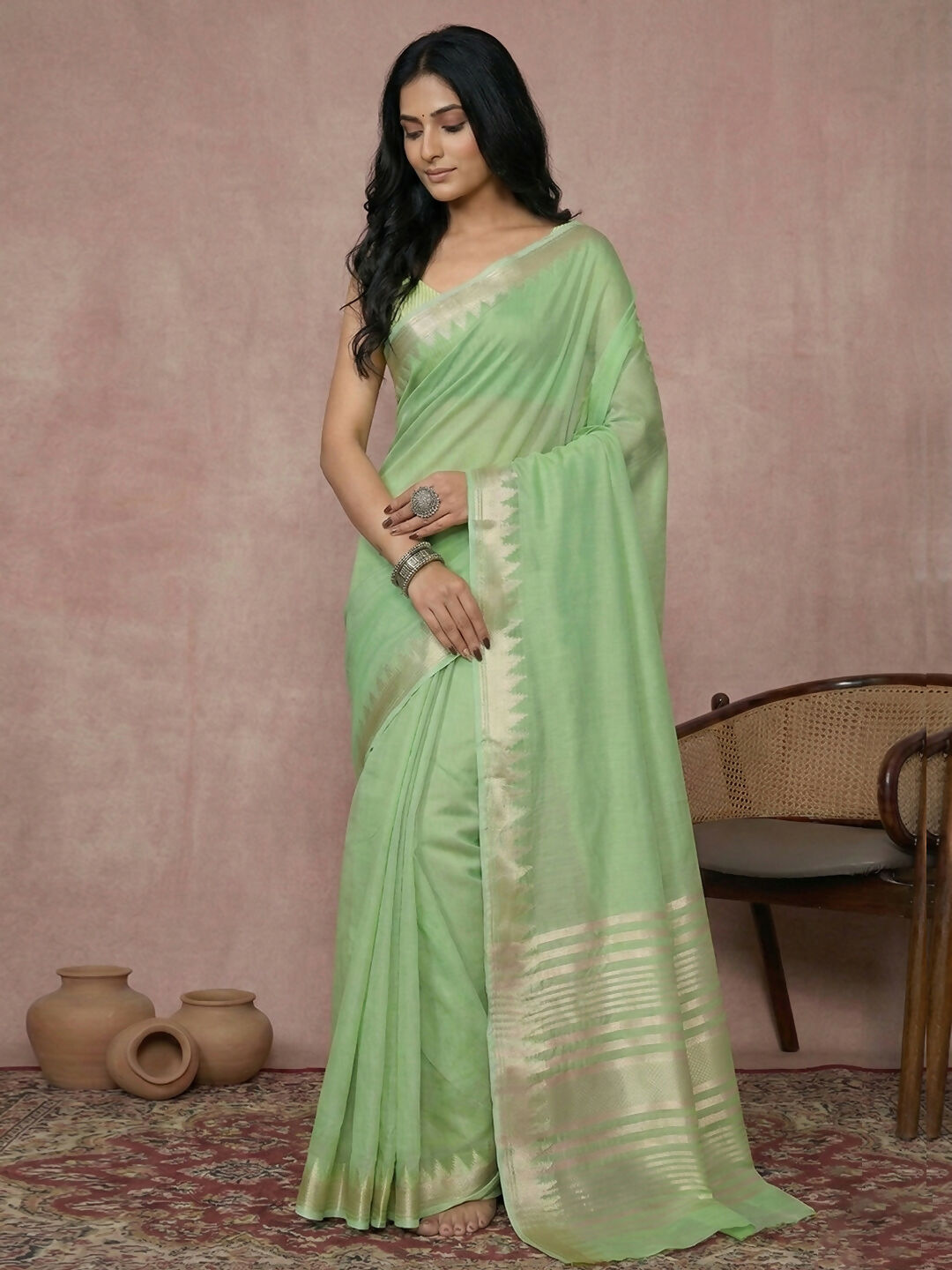 Shree Shyam Fashion Light Green Cotton Saree | Grocsy
